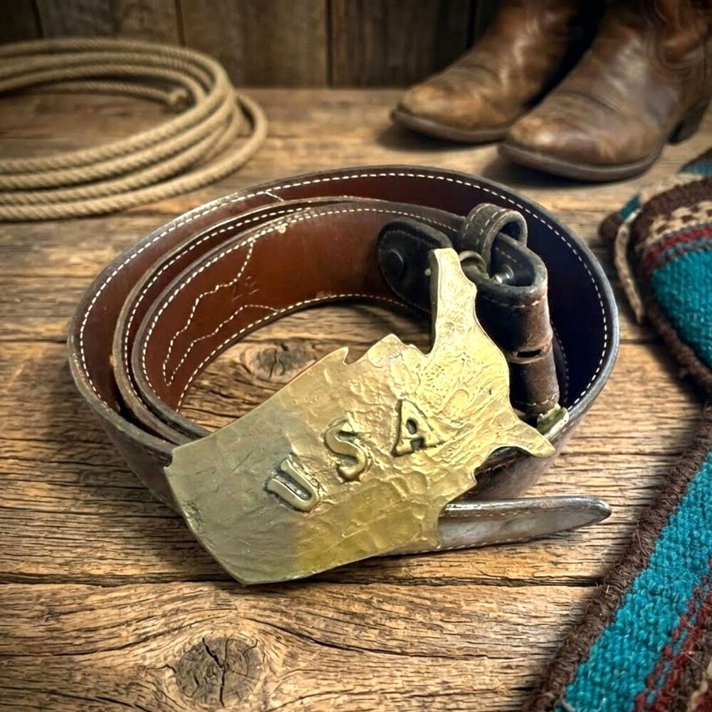 Vintage USA Leather Belt Cowboy Country Western Rodeo Americana Folk Brown Brass